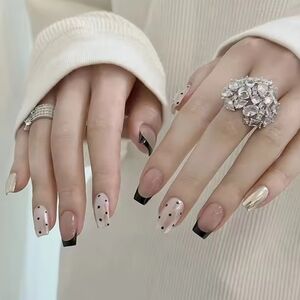 🐢2/$15 Black French Tip with Polka Dots Press On Nails